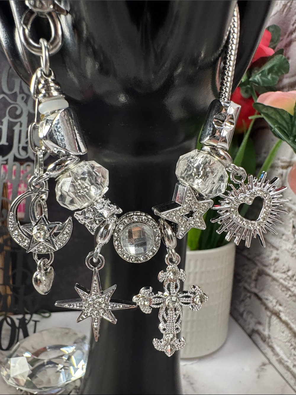 Silver Crystal Charm Bracelet with Cross, Star & Heart Pendants